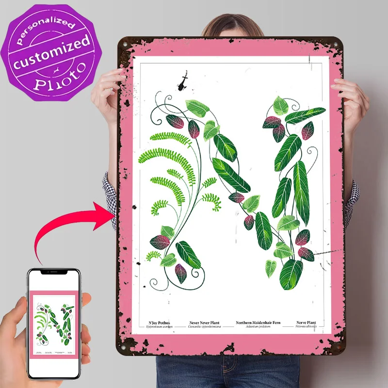 Botanical Illustration of the Letter 'N' Poster Retro 3D Printed Metal Signs Customized Wall Hanging Gift for Vintage Decoration