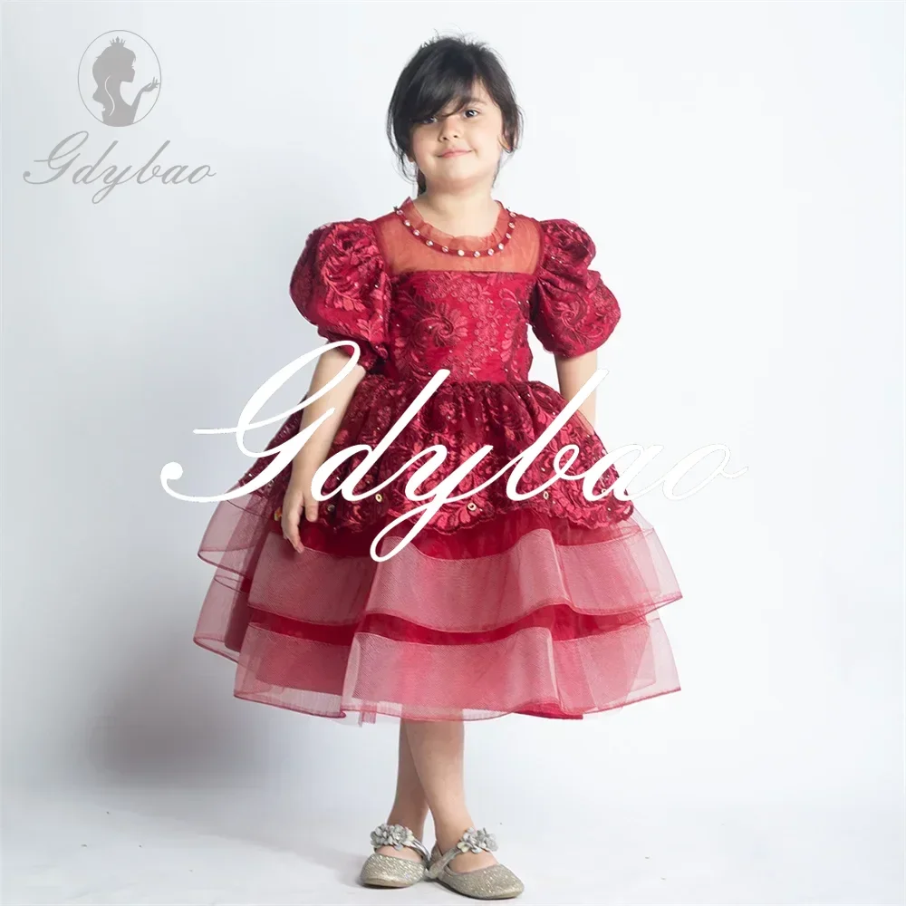 

Diamonds Applique O Neck Short Sleeve A Line Pleat Flower Girl Dress Bow Knee Length First Communion Gown Customized 2024