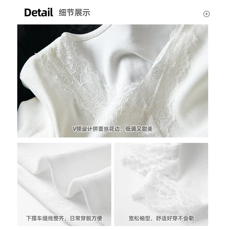 Women's Thermal Blouse Lace Trim V Neck Slim Fit Regular Shoulder Brushed Ribbed Knit Solid Color Cropped Hem Layering Top