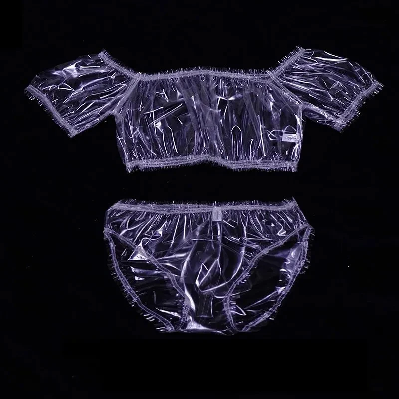

Men's Sexy See Through Cropped Tops Ultrathin EPU Plastic Briefs Set Women's Ultra Soft Crop Top Panties Couple Erotic Underwear