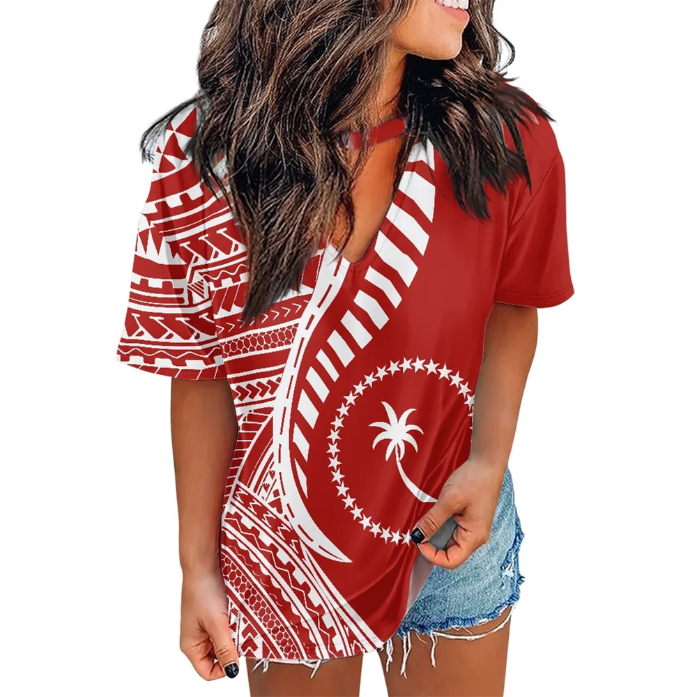 High Quality Summer T-shirt Polynesian Tribal Clothes Chuuk Islands Red Design Women T Shirt Loose Casual V-neck Top Blouse