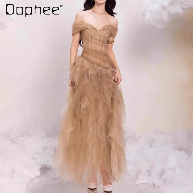 Robe de soirée élégante et gracieuse, haut de gamme, épaules dénudées, sans bretelles, Slim, en maille, Style féerique, Maxi, pour femmes