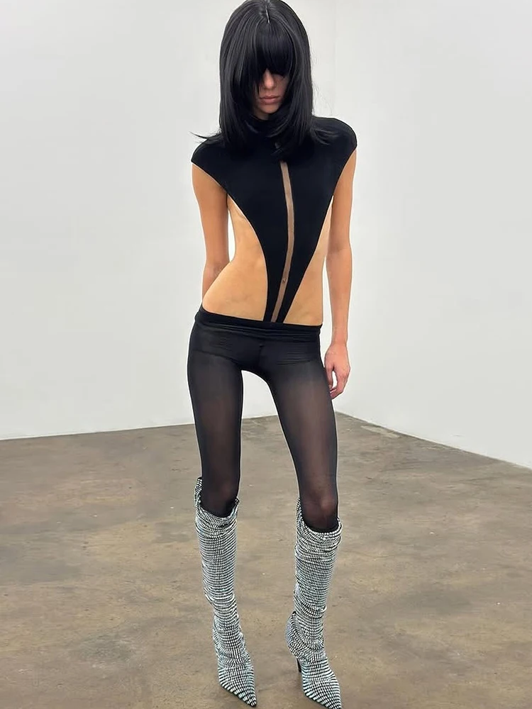 Weird Puss Hottie Hollow Bodysuits Damenmode Klassischer Rollkragen Ärmellos Stretch Skinny Wild Midnight Party Streetwear – Detail 3