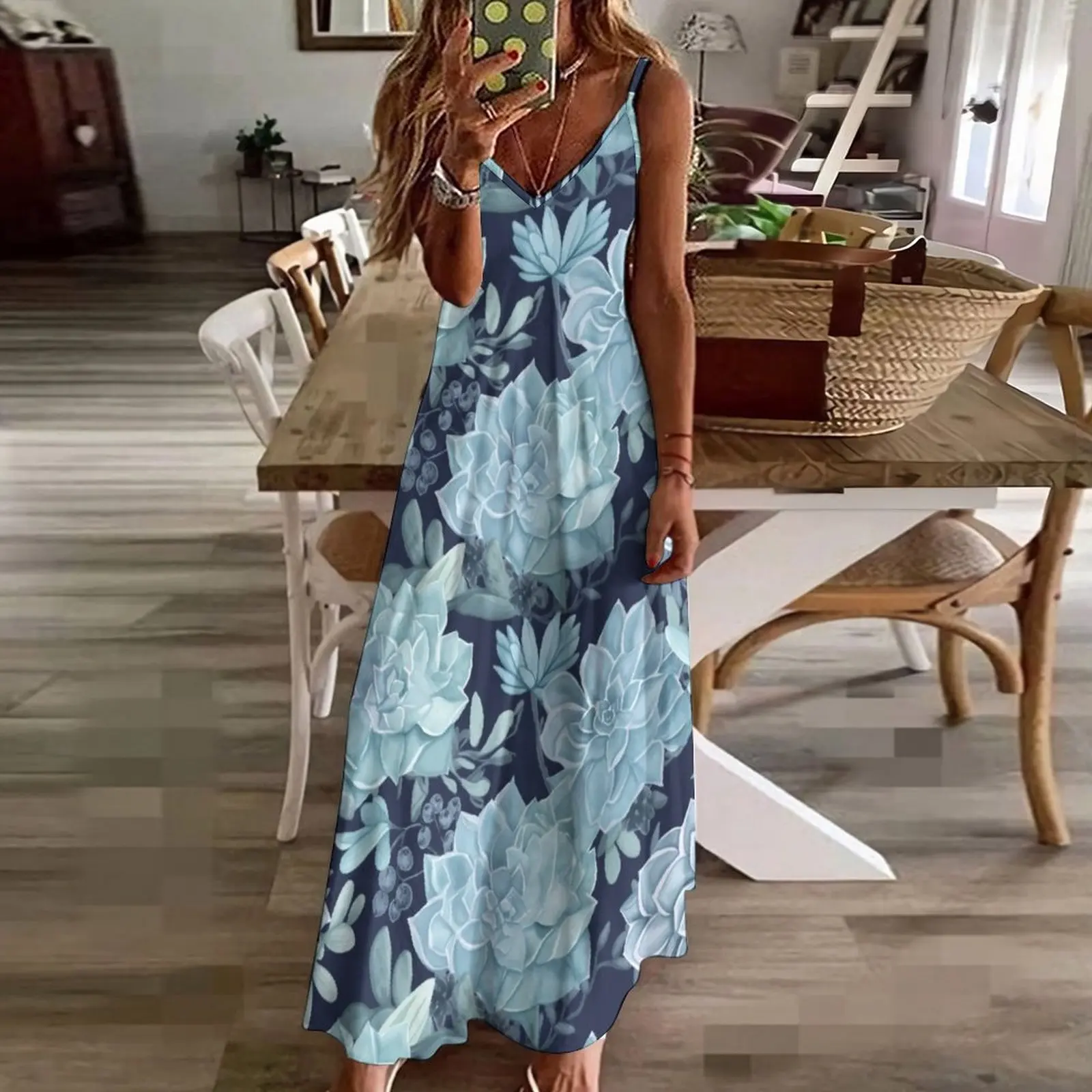 Vestido de cumpleaños sin mangas con diseño de flores suculentas azules, ropa Floral azul