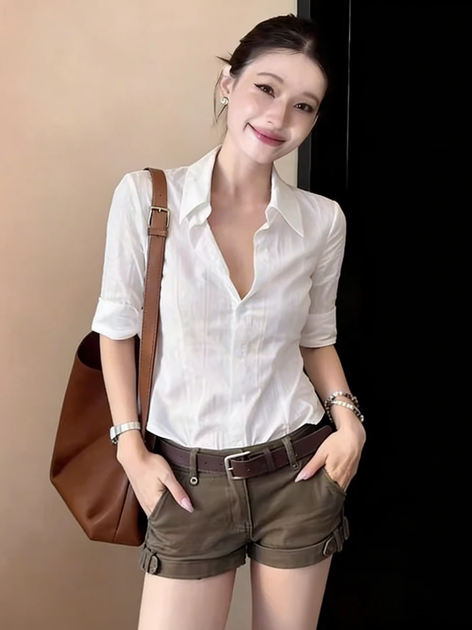 

Ladies' Short-cuffed Linen Shirt Korean Style Slim Fit Mid-sleeve Waist-cinched Summer Fashionable Commute Wind Shirt
