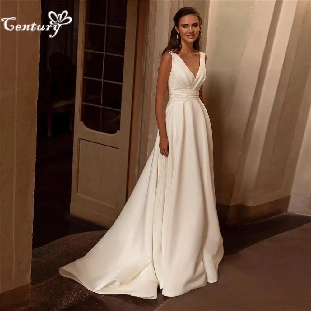 

Elegant Satin Wedding Dress for Women V-Neck Sleeveless Backless Ruched Party Gowns Simple Bridal Dresses Vestido De Noiva