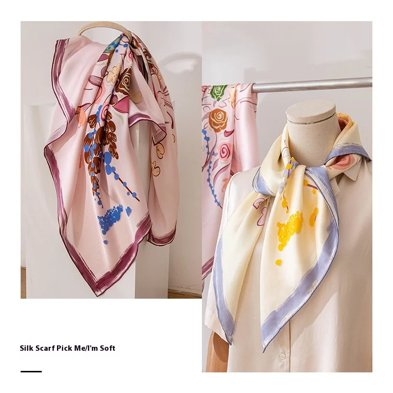 100% Mulberry silk  women's double-sided printed small scarf silk plain crepe satin square scarf high sense