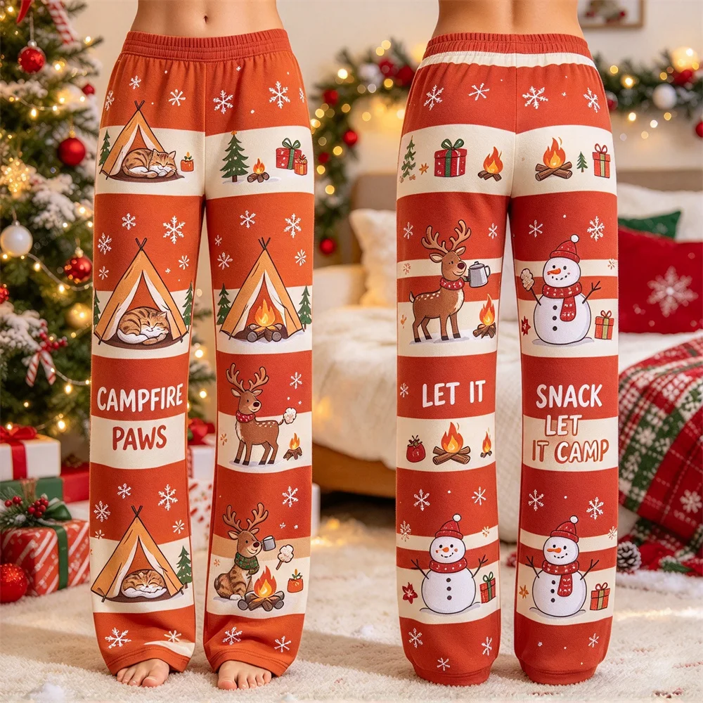 Women Cute Cartoon Christmas Print Pajama Pant Loose Drawstring Long Trousers Soft Comfort Home Loungewear Holiday Sleep Bottoms