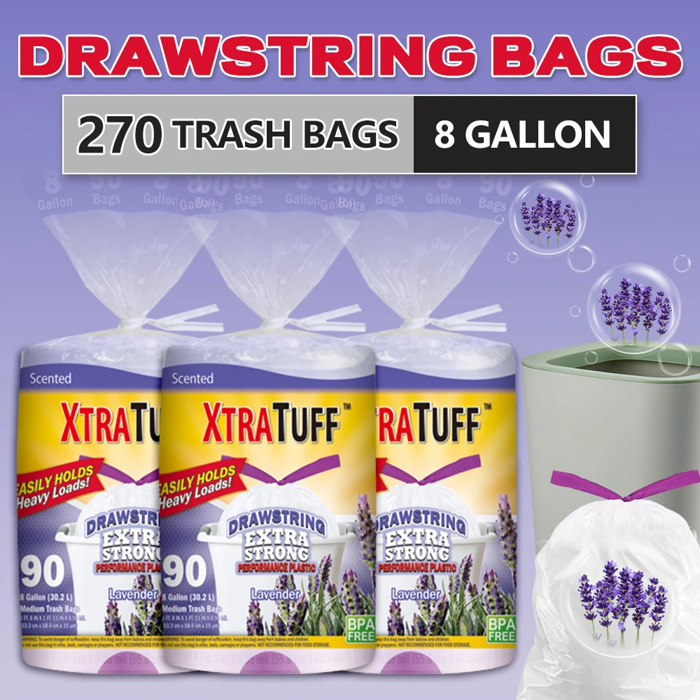 Xtratuff Medium Drawstring Trash Bags 8 Gallon Trash Bag Lavender Mint Scent 180 Count BPA FREE Garbage Bags White Strong