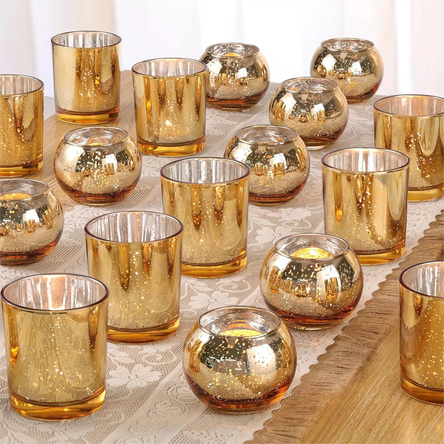 

30pcs Assorted Gold Votive Candle Holders Bulk, Large Gold Wedding Centerpieces For Tables, Mercury Glass Tealight Candle Holders For Party Decorations