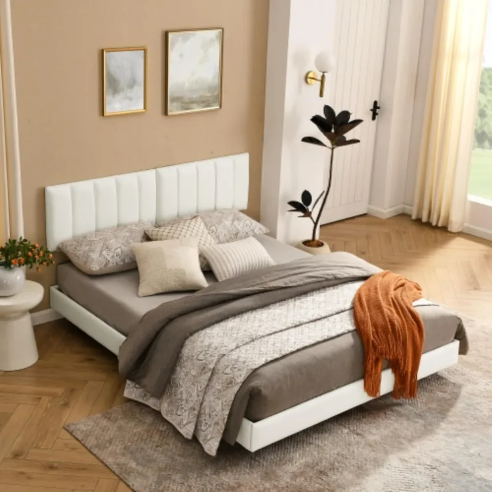 Queen Bed Frame with Wall Mounted Headboard，Faux Leather Upholstered Bed Frame,No Box Spring Needed，Floating Bed Frame