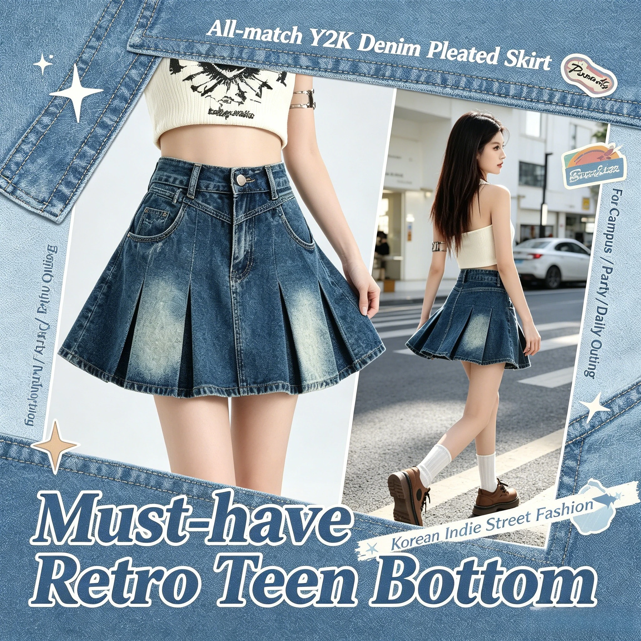 2025American Style Vintage Denim Mini Dress Women's Summer New Petite Slimming Wide Leg A- Line Shorts Pleated Skirt Retro Denim