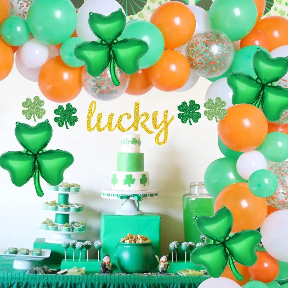 

St Patricks Day Green Orange and White Balloon Arch Garland Kit Decorations Lucky Bunting Banner Shamrock Clover Foil Balloon