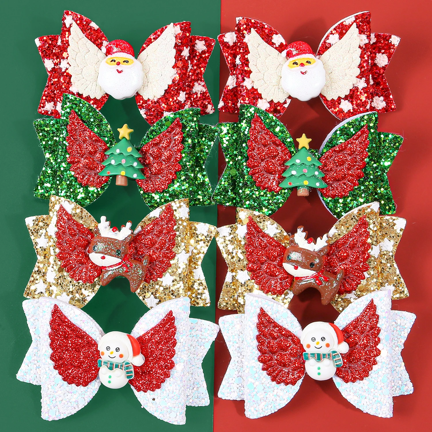 

2/8 шт., рождественская елка с героями мультфильмов, снеговик, крылья лося, блестящая заколка с бантом и блестками для девочек, рождественский декор, аксессуары для волос для детей