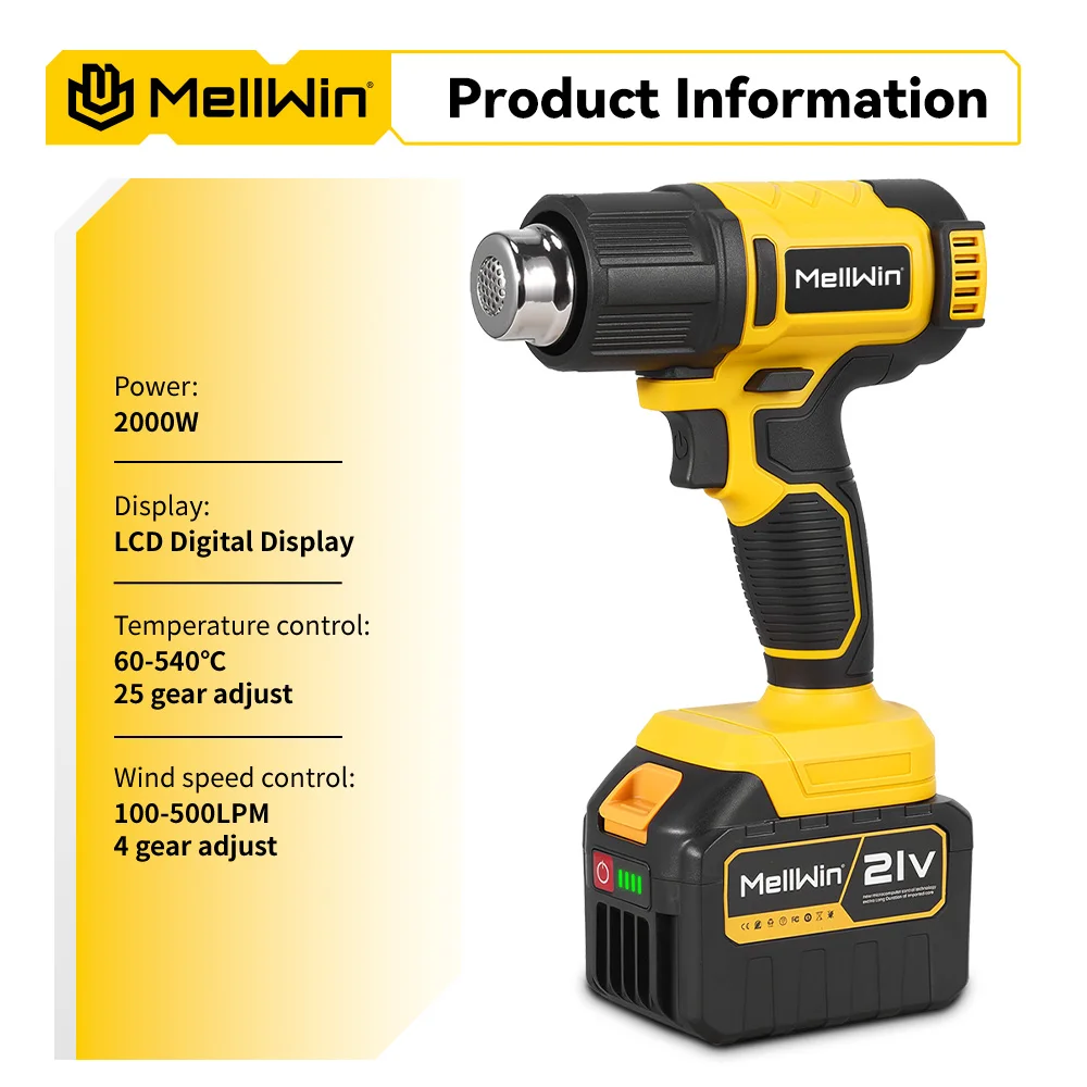 MELLWIN Cordless Electric Heat Gun 540°C 25 Gears Handheld Hot Air Blower Gun Home Welding Tool for Makita 18V Battery Pin - Image 2