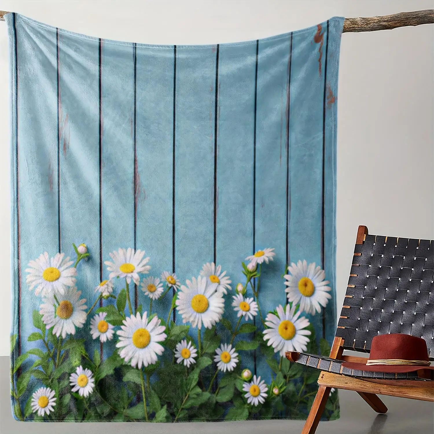 Daisy Flower on Blue Wooden Board Print Flannel Blanket Soft Lightweight Throw Blanket for Sofa Bed Couch All Season Cozy