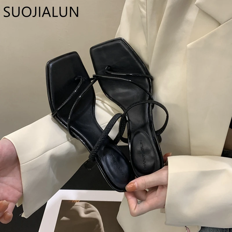 SUOJIALUN 2023 Summer Narrow Band Women Slipper Fashion Square Toe Slip On Ladies Elegant Gladiator Sandal Thin High Heel Slides