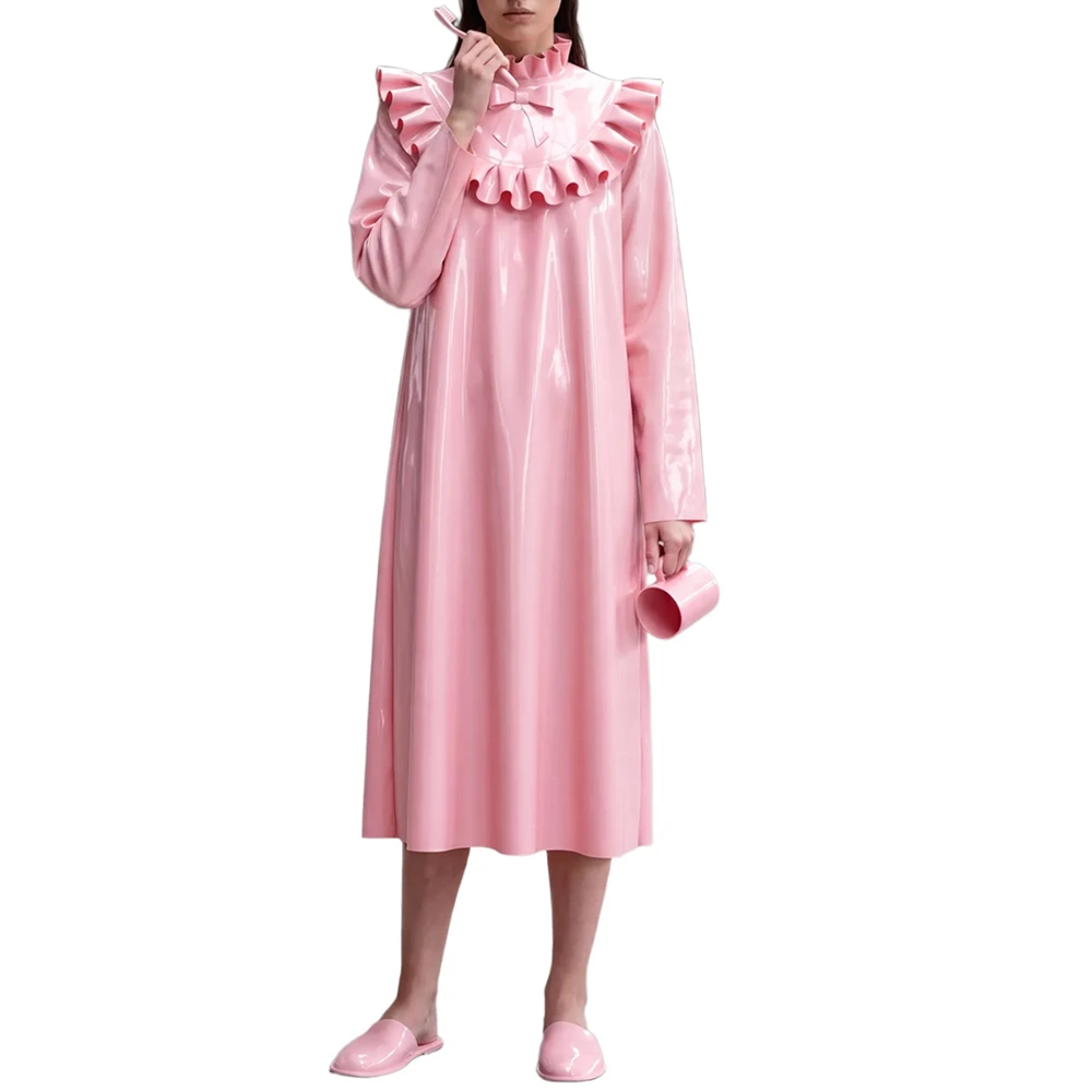 Pink Sexy Latex Loungewear With Belts Lacing At Sides Rubber Nightgown Peignoir Robe Nightdres Nightie Sleepwear 0387