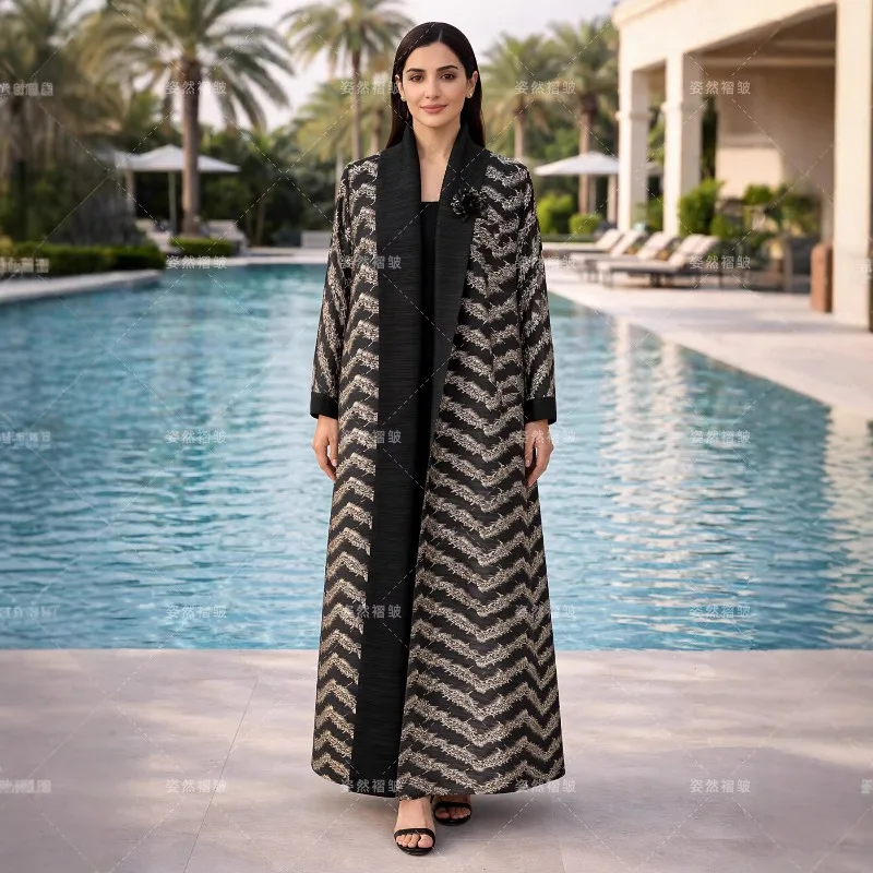 2026 New Middle East Black Gold Robe Pleated Stamping Craft Abaya Dubai Plus Size Cardigan Jacket Plus Size Women's Trench Coat