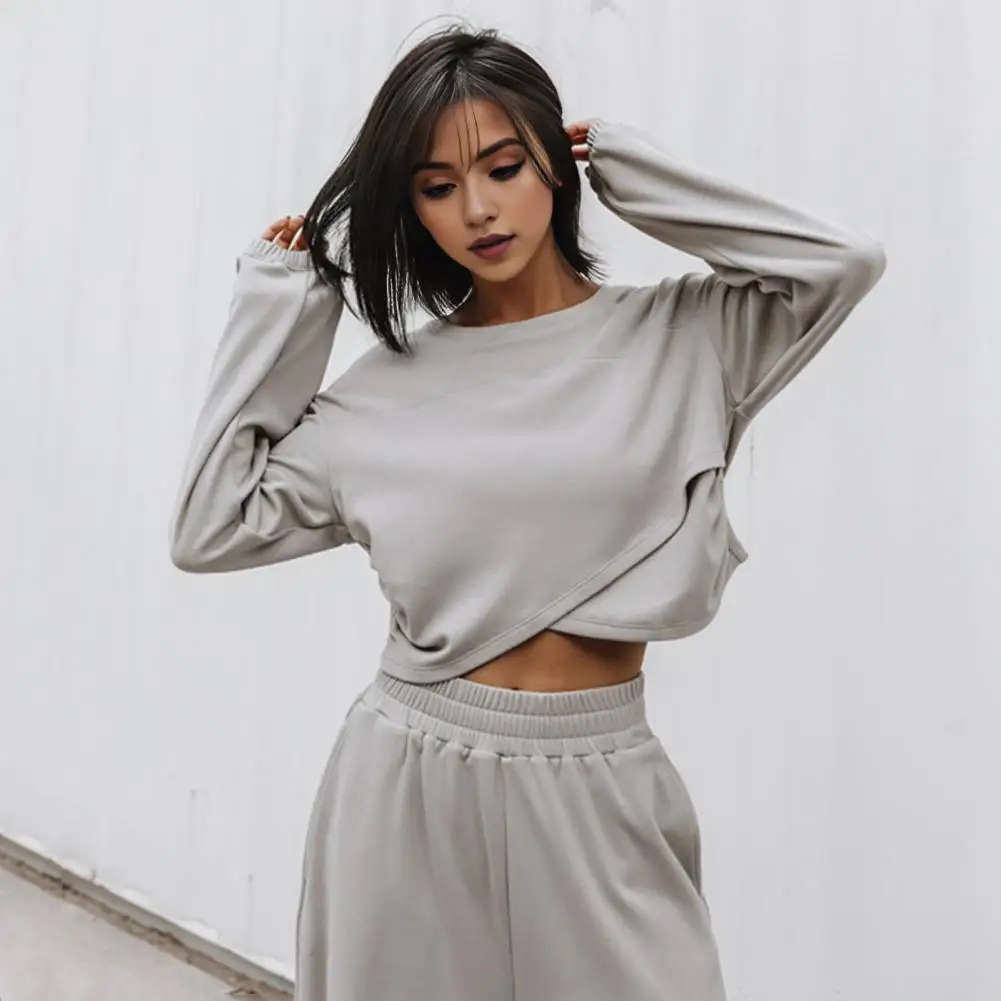 2 Pcs/Set Women Top Pants Set Round Neck Long Sleeve Sweatshirt Pure Color Stretchy High Waist Wide Leg Trousers Sport Tracksuit