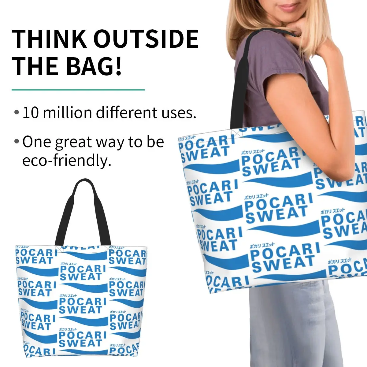 POCARI SWEAT Blue Shopping Tote Bag Canvas Large Capacity Shoulder Bags Shopper Grocery Handbag for Women