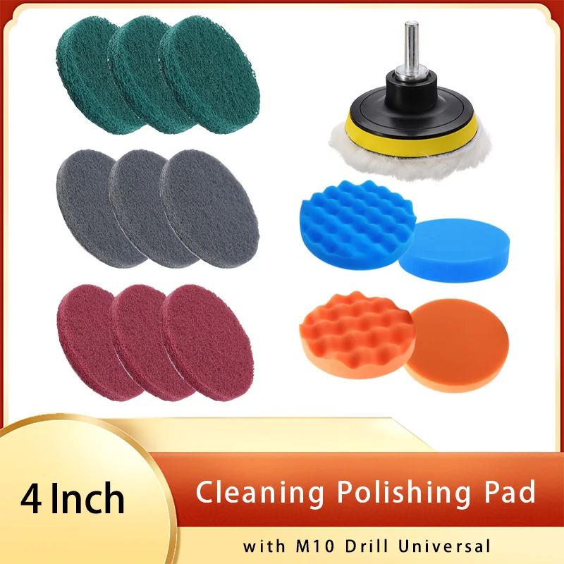 4Inch 100MM Foam Cleaning Polishing Pad Kit 16Pcs with M10 Drill Universal Fit Self-Adhesive Buffing Pads for Home Cleaning