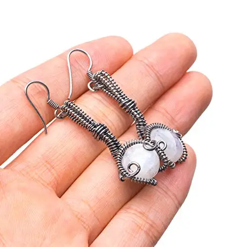 StarGems® Natural Rainbow Moonstone Handmade Boho 925 Sterling Silver Earrings 2