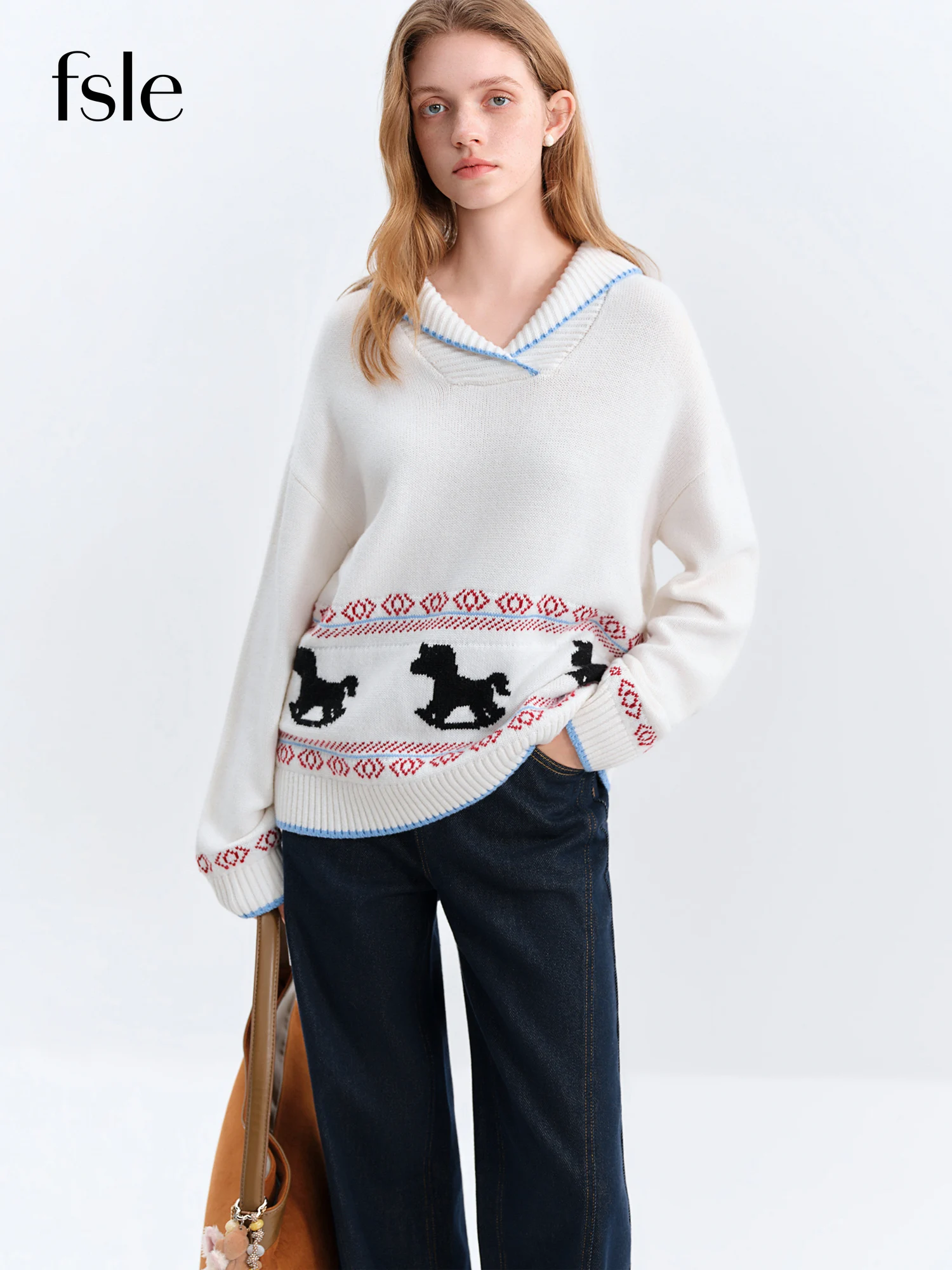 

FSLE 2025 Winter Women's Notched Collar Knit Sweater with Playful Carousel Pattern - Color Block Casual Top for Layering