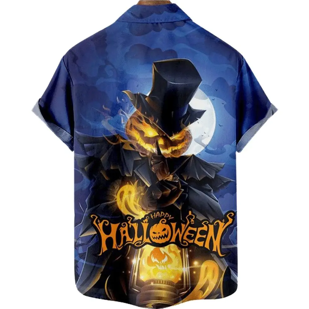 2024 Ghost Halloween Scarecrow Pumpkin Men\'S Shirt Bat Horror Skull 3d Print Summer Casual Short Sleeved Beach Party Hawaiian