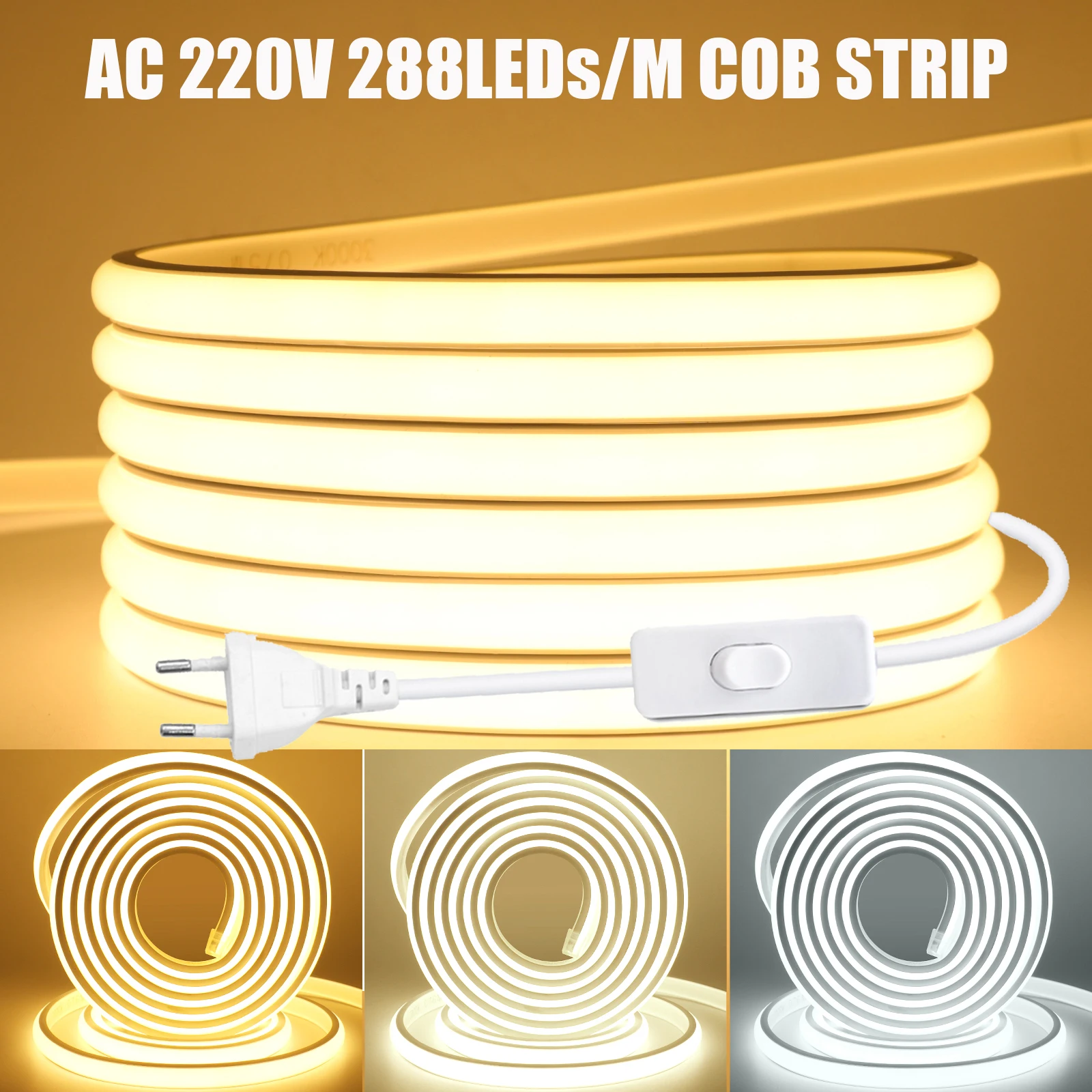 Светодиодная лента COB 220 В, гибкая светодиодная лента, 288 светодиодов/м, линейный светильник высокой плотности, водонепроницаемый веревочный светильник для украшения дома Светодиодная лента COB 220 В, гибкая светодиодная лента, 288 светодиодов/м, линейный светильник высокой плотности, водонепроницаемый веревочный светильник для украшения дома