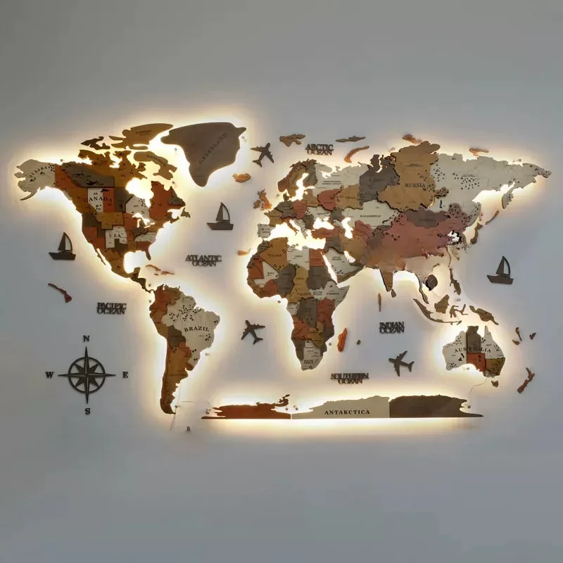 3D World Map Wooden Wall Sign Large Travel Push Pin Map for Wood Wall Decor