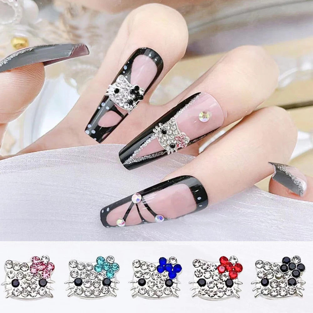 10szt Cute Cat Nail Art Charm 3D Alloy Full Diamond Cartoon Anime Cat Nail Decoration DIY Kawaii Crystal Manicure Akcesoria