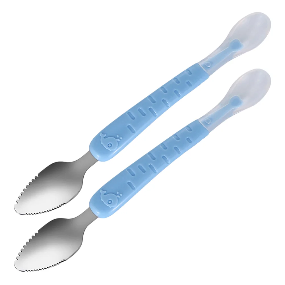 2 Pcs Kids Cutlery Stainless Steel Spoon Scraping Spoons Feeding Supplies Double Head Blue Child