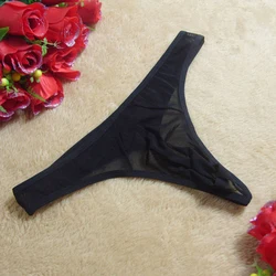 Sexy Men's Transparent Mesh Sheer Thongs Bulge Pouch Briefs Solid Black Underwear Pump Man G-String Underpants Glossy Thong