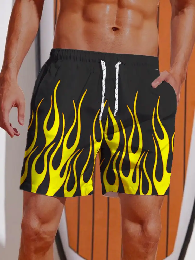 3D Printed Striped Flame Beach Shorts Men's Splicing Grid Pattern Board Shorts Summer Drawstring Breathable Hawaiian Swim Trunks
