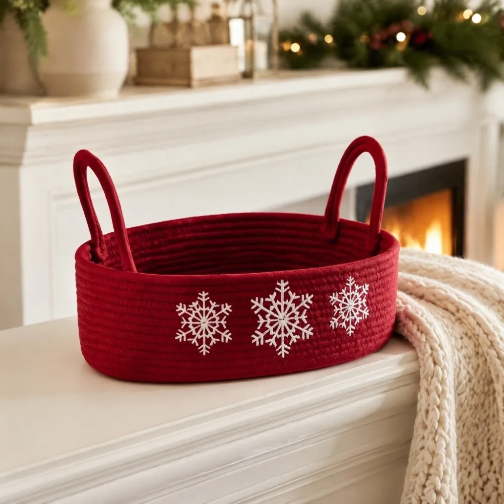 Oval Christmas Snowflake Embroidery Storage Basket Handmade Woven Portable Snacks Storage Organizer With Handle