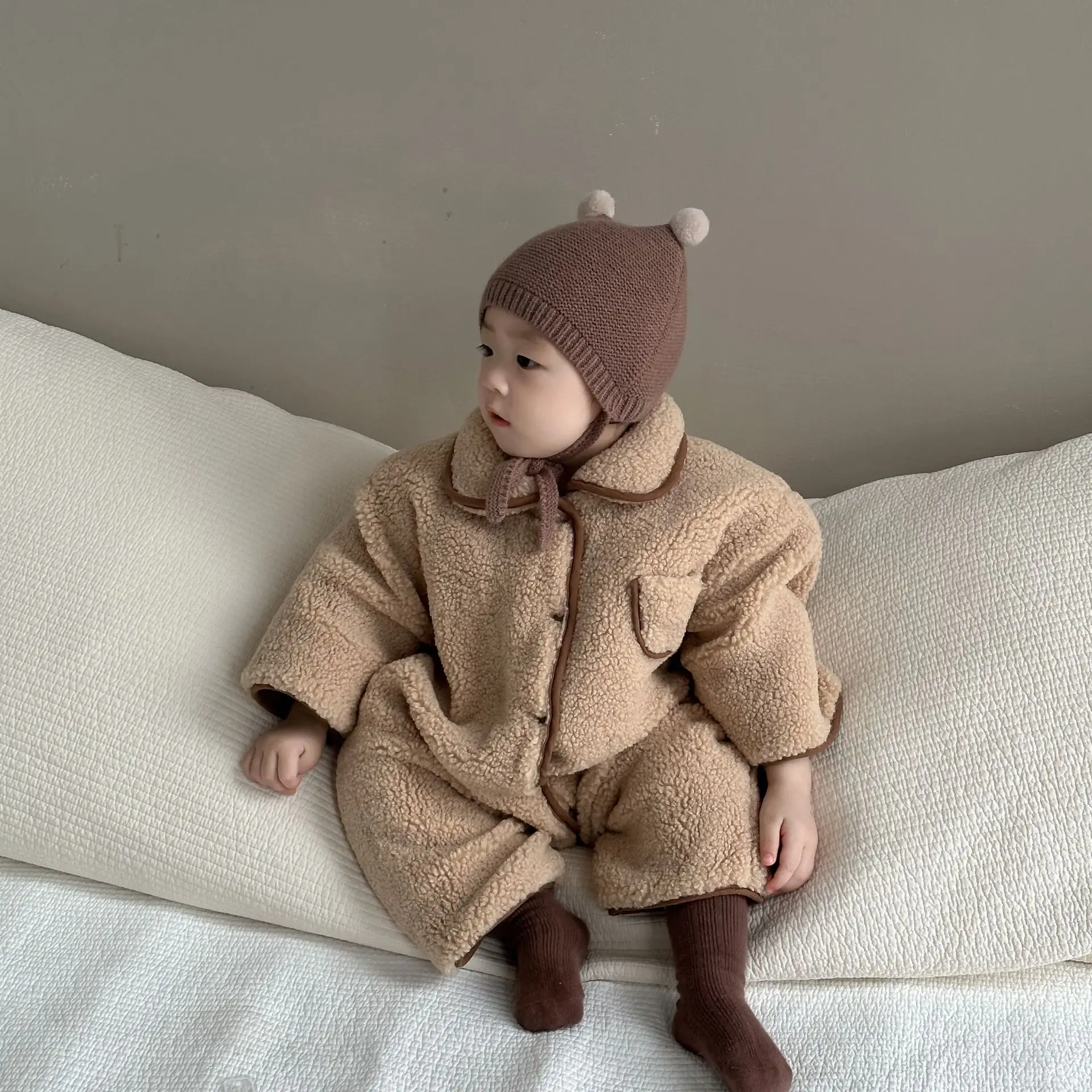 Autumn Winter Toddler Retro Cardigan Plus Velvet Lapel Romper Girl Baby Cotton Thicken Warm One-piece Boy Infant Fleece Jumpsuit