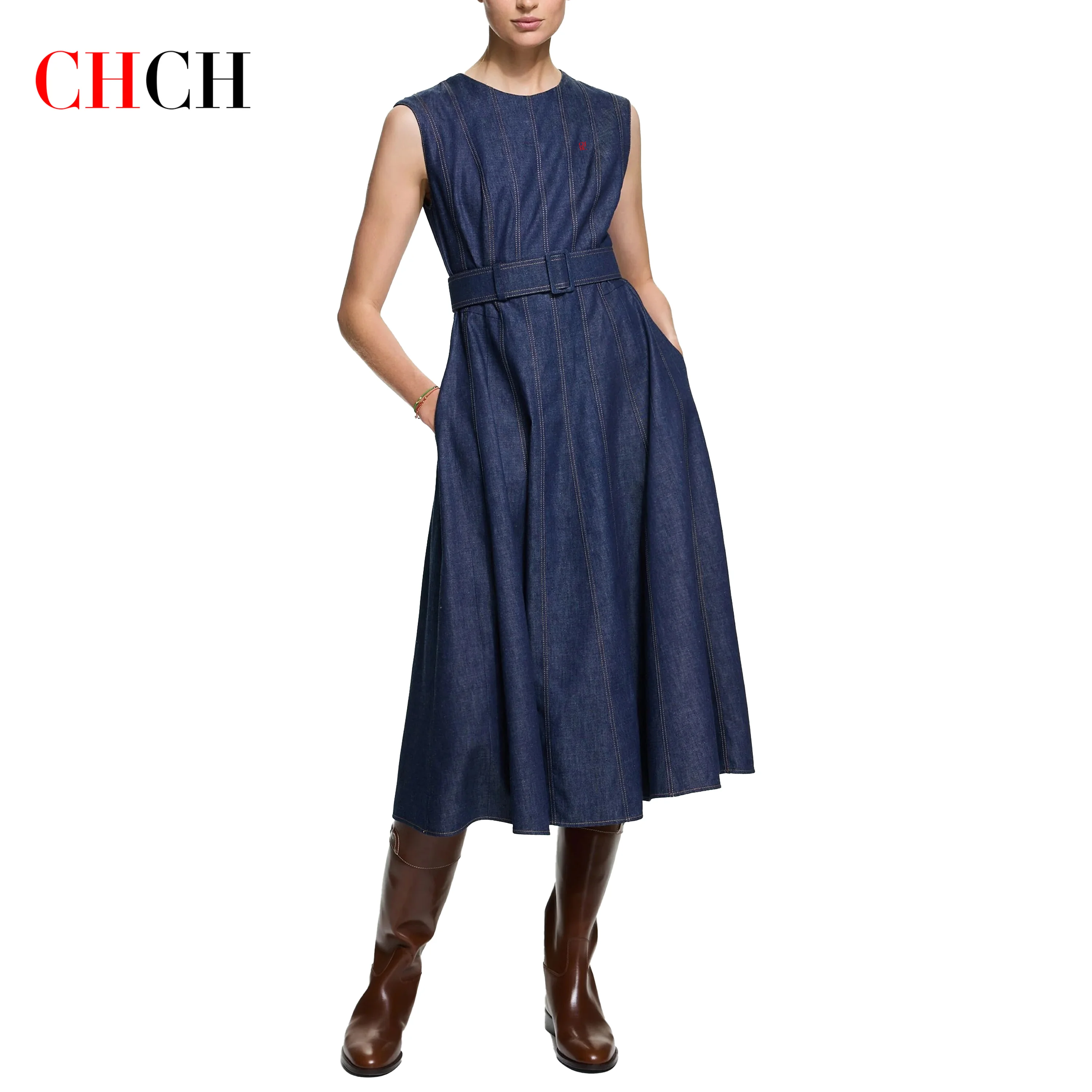 CHCH Women\'s Dress 2024 New Sleeveless Round Neck Commuter Cowboy Skirt