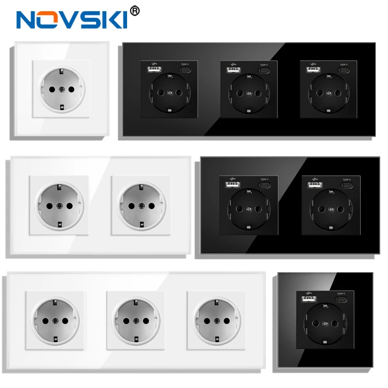 EU, Russia, Spain, German standard 16A wall socket, tempered glass crystal panel, tri color power socket, home decoration