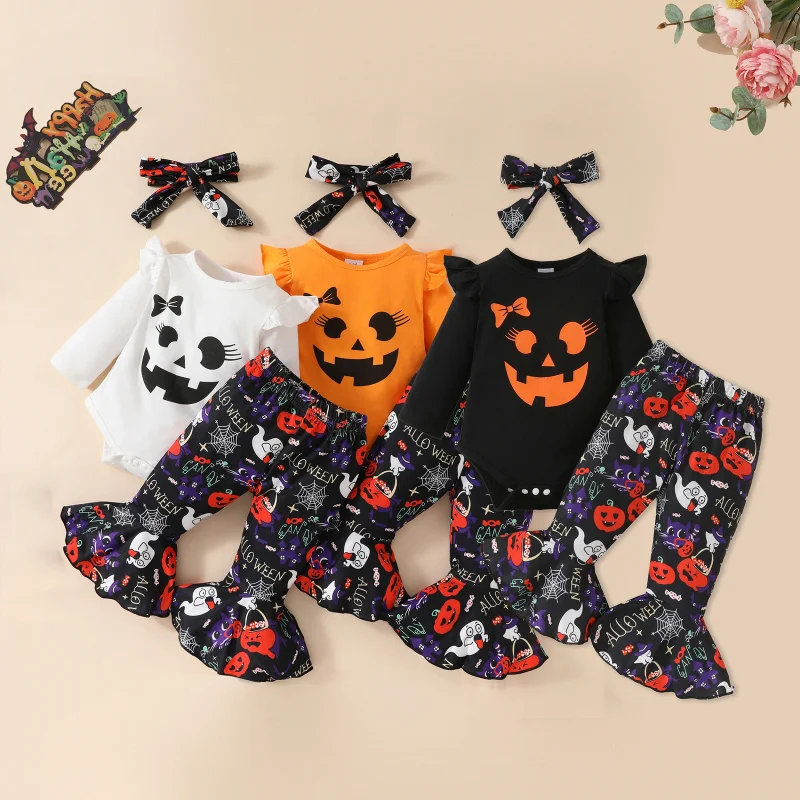

3Pcs Baby Girls Suit for Children Halloween Christmas Clothing Set Kids Pattern Top Pumpkin Romper Ghost Flared Trousers Outfits