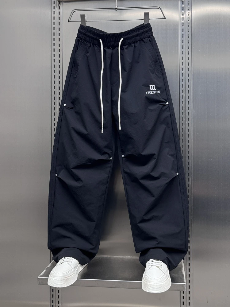 Retro japonês sle masculino solto ajuste perna reta calças de trabalho qui seco respirável dança rua perna larga calças paraquedista