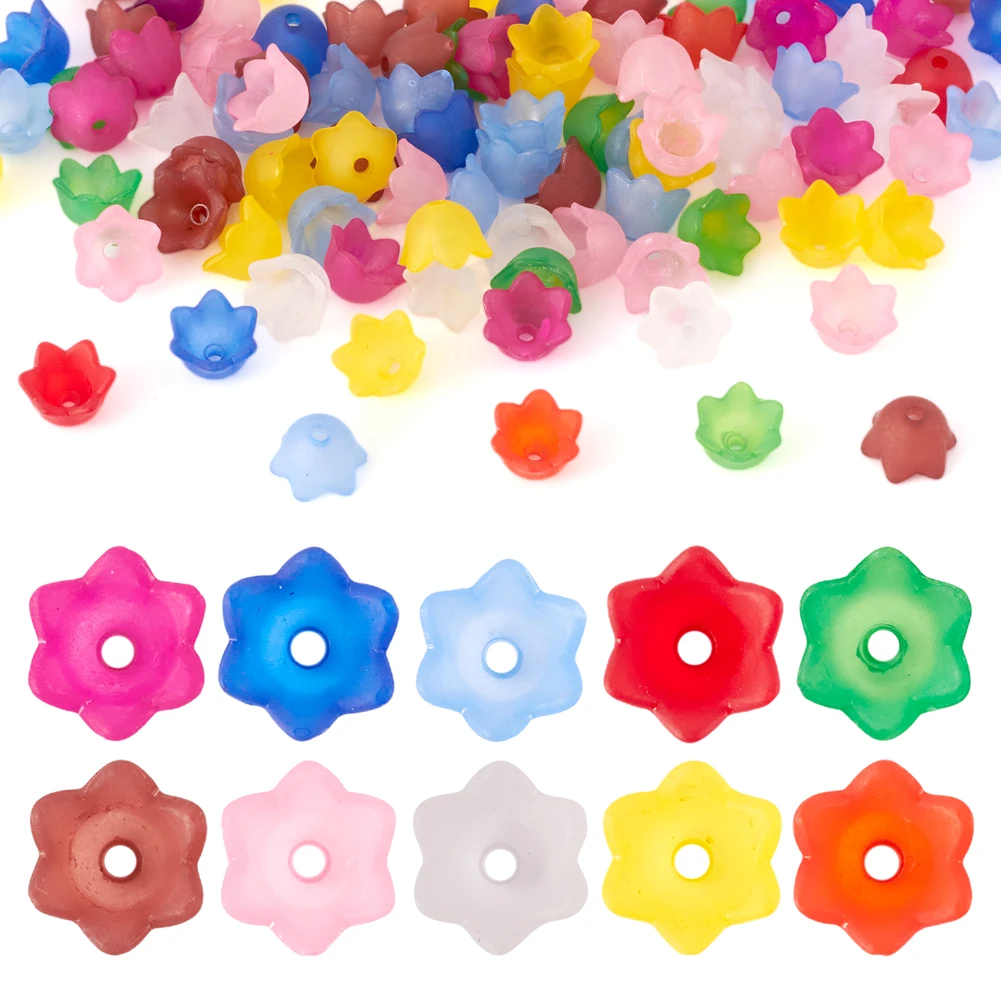 

100pcs 10x6mm Flower Acrylic Beads Transparent Frosted Spacer Bead Caps for Jewelry Making DIY Accessories Findings Hole: 1.5mm
