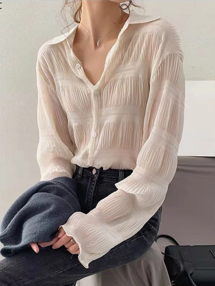 Summer Loose Casual Tops Long Sleeve Elegant Office Lady Basic Shirts Single-Breasted Black Chiffon Blouse Top 2022