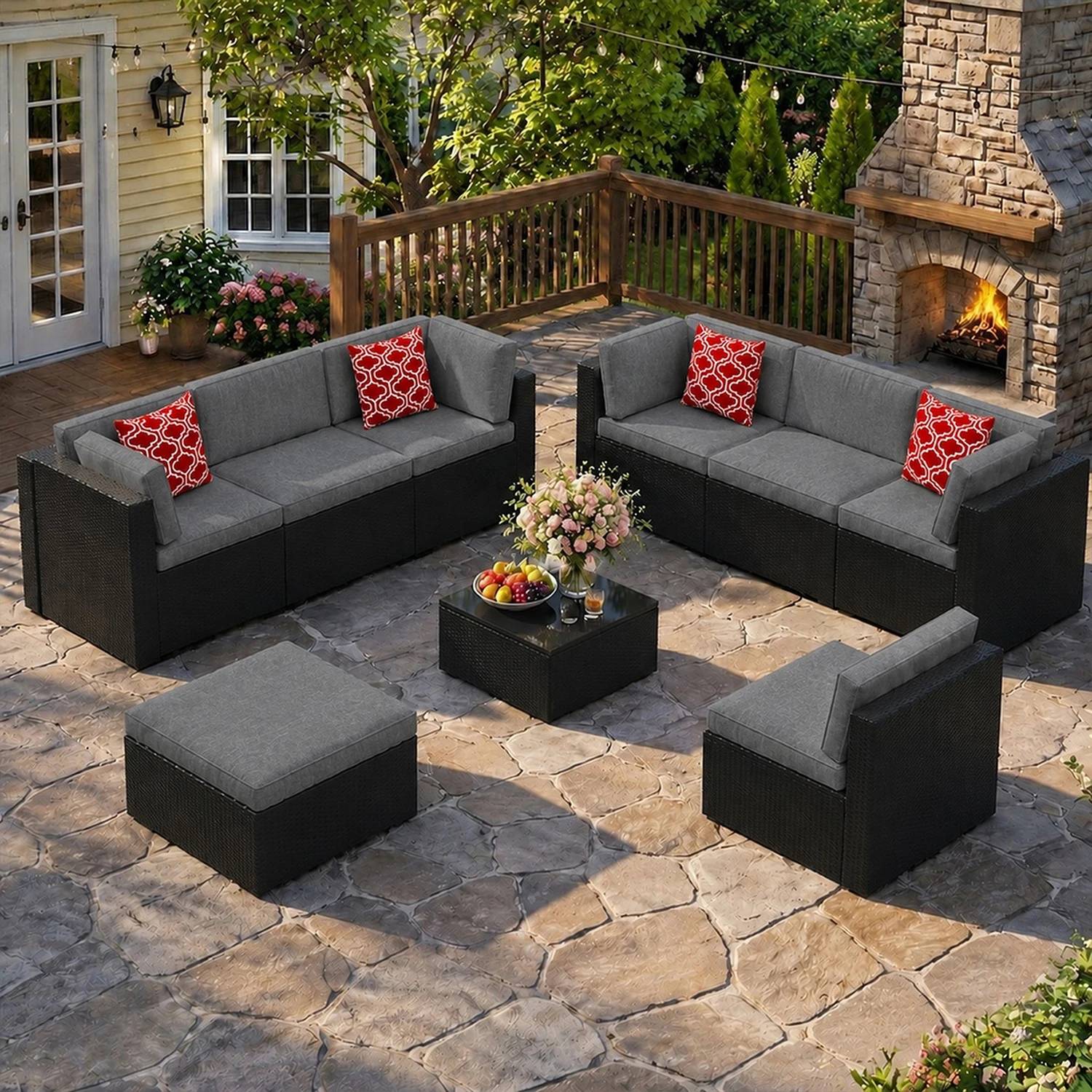 10/9 Piece Modular PE Wicker Patio Conversation Set, Outdoor Sectional Sofa with Removable Thick Cushions, Glass Top Coffee Side Tables, All Weather Rattan Furniture for Backyard Poolside Garden Deck