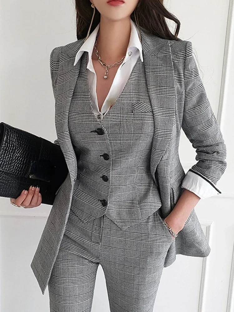 Kobiety eleganckie formalne biznesowa marynarka 3 sztuki garnitur praca w biurze kurtka w kratę kamizelka Pantsuit koreańska moda kobiece Vintage