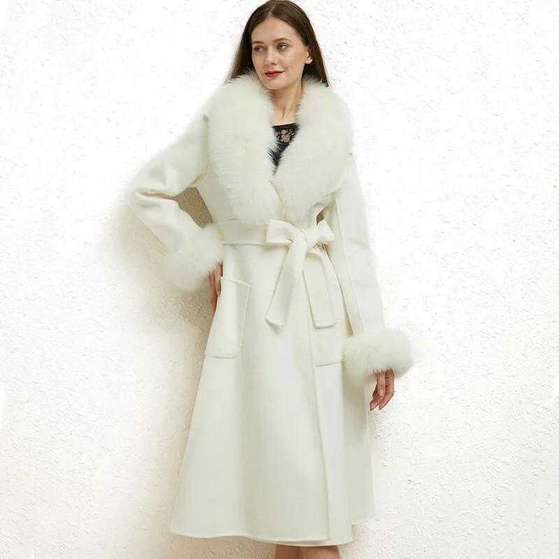 2021 Big Real Fox Fur Trimming Wool Jacket Custom Fashion Women Long Cashmere Coat With Fur