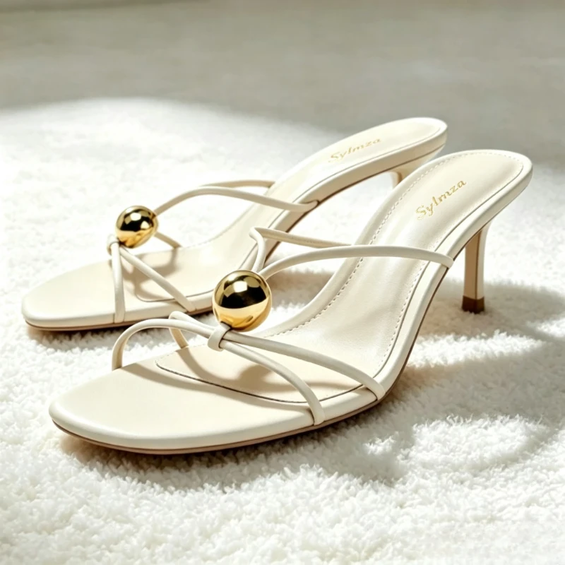 Fashion Metal Detail Mule Sandals Women Unique Cross Tied Slingback Heels for Ladies Round Toe Open Toe Designer Shoe Zapatos