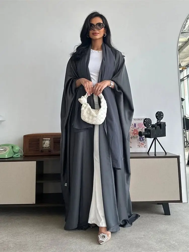 Gray Shiny Satin Open Kimono Abaya Dubai Luxury 2024 Muslim Abayas For Women Kaftan Dress Islam Clothing Robe Femme Musulmane