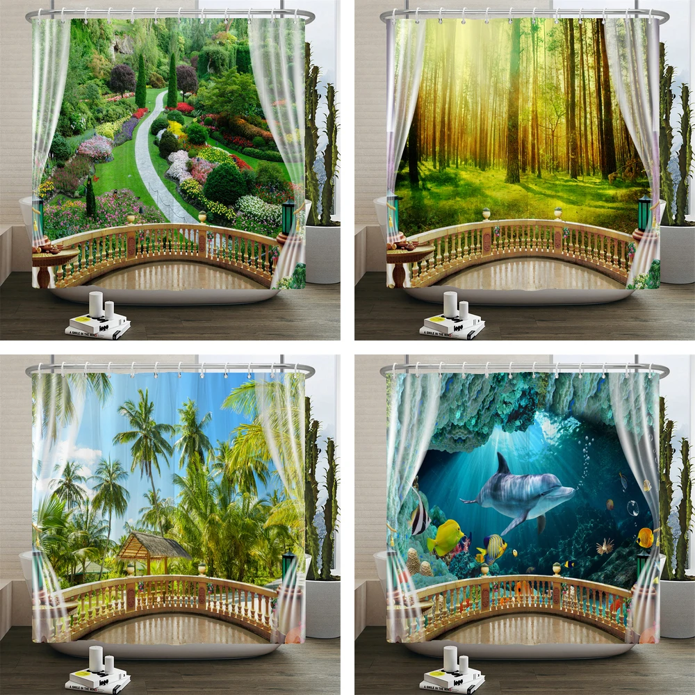 

3D Waterproof Fabric Polyester Shower Curtains landscape Outside the Window Bathroom Curtains With Hooks Bathtub Decor Screen