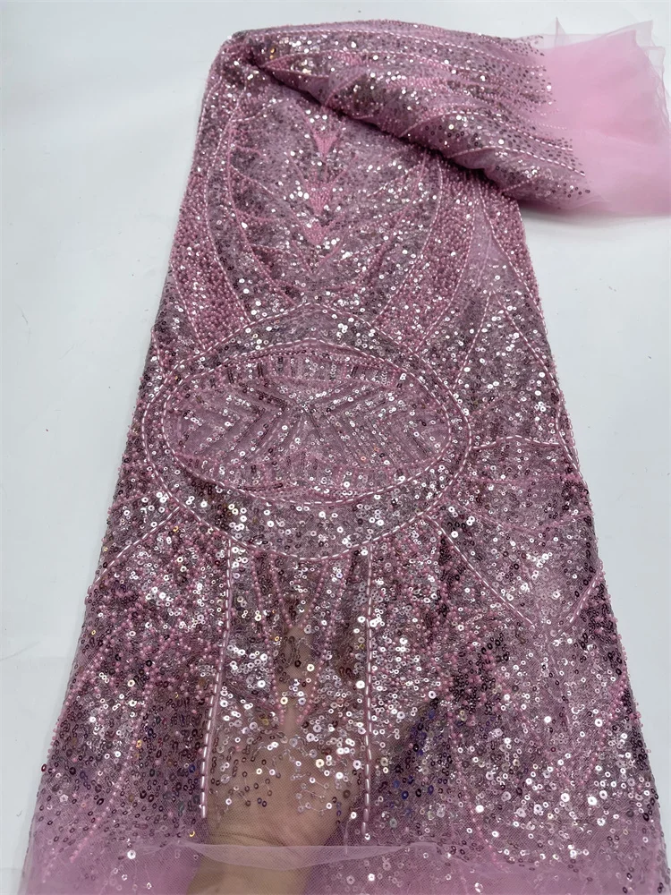 

2023 PINK High-End Handmade Beaded Lace Fabric France Sequins Embroidery 3D Beads Nigerian Bridal Mesh Lace Fabric For Sewing